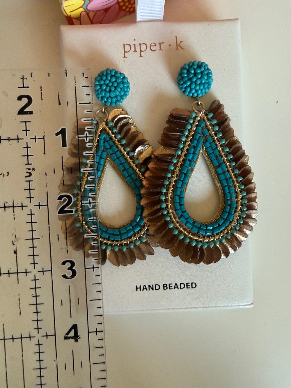 NWT Piper K Hand Beaded Turquoise & Bronze Boho Statement Drop Earrings - Picture 6 of 8